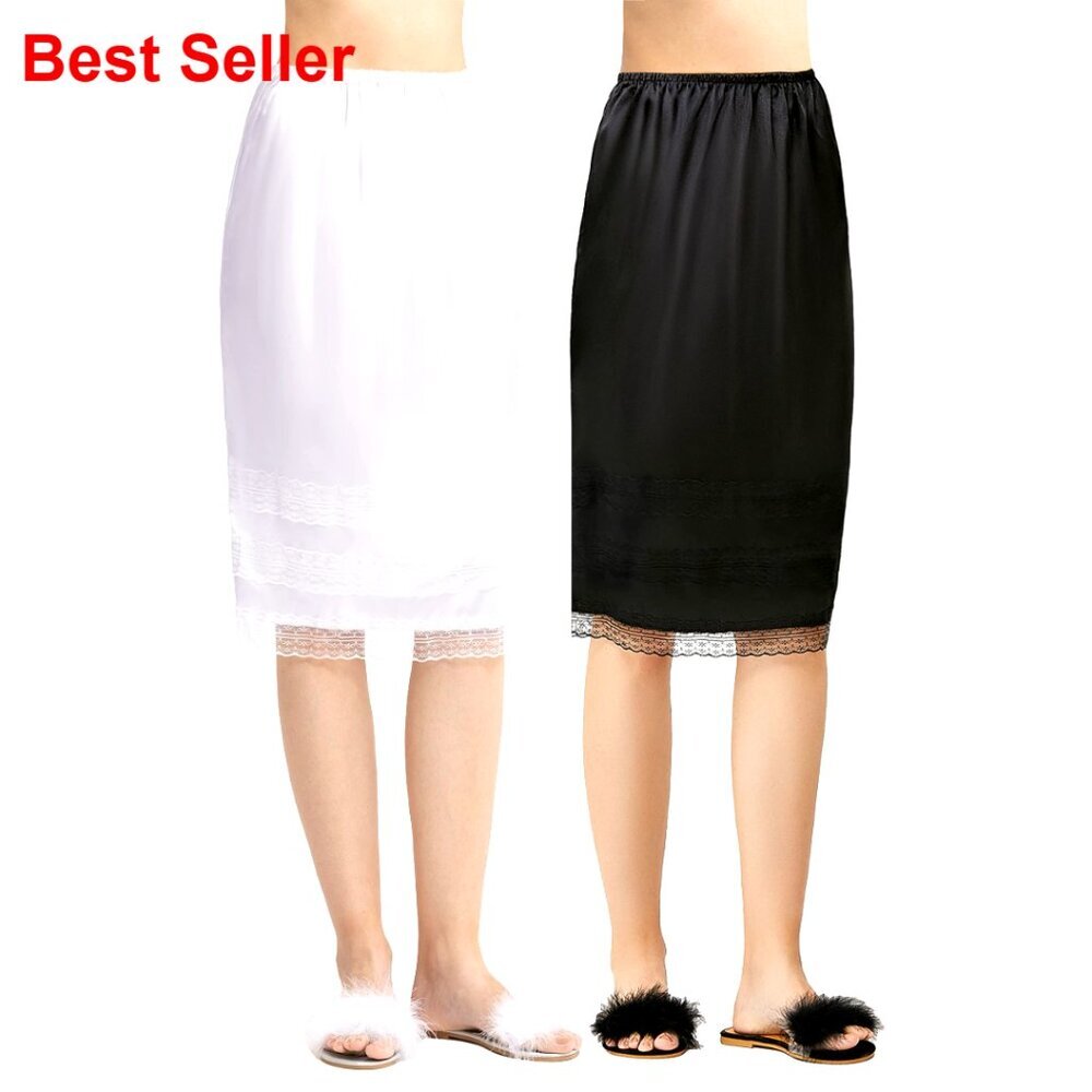 2-Pack Long Half Slip Set, Satin Lace Trim, A-Line Underskirt for Dresses
